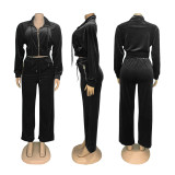 Fashionable Long-sleeved Lapel Zipper Cardigan and Trousers Two-piece Set