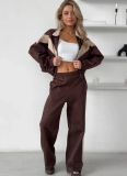 Long-Sleeved Zippered Cardigan And Contrasting Color Jacket With Elasticated Trousers, Two-Piece Set