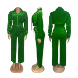 Fashionable Long-sleeved Lapel Zipper Cardigan and Trousers Two-piece Set