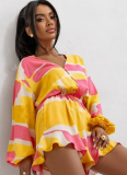 Printed V-Neck Long-Sleeved Shorts Jumpsuit