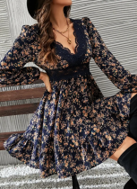 V-Neck Floral Long-Sleeved Waist-Hugging Lace Dress