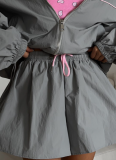 Fashion Loose Long Sleeve Zipper Cardigan Jacket Drawstring Wide Leg Shorts Set