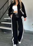 Striped Zipper Top Jacket Wide-Leg Pants Casual Suit