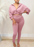 Pink Casual Solid Color Zipper Zipper Collar Long Sleeve Two Pieces