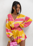 Printed V-Neck Long-Sleeved Shorts Jumpsuit