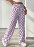 Plaid Print Pocket Straight Wide Leg Pants Women's