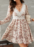 V-Neck Floral Long-Sleeved Waist-Hugging Lace Dress