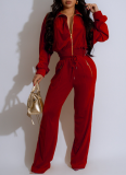 Fashionable Long-sleeved Lapel Zipper Cardigan and Trousers Two-piece Set