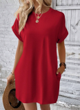 Solid Color Round Neck Loose Short Sleeve Pocket Dress
