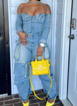 Strapless One-Shoulder Long-Sleeved Cardigan with Buttons and Multiple Pockets Washed Denim Jumpsuit