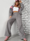 Long-Sleeved Zippered Cardigan And Contrasting Color Jacket With Elasticated Trousers, Two-Piece Set