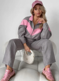 Long-Sleeved Zippered Cardigan And Contrasting Color Jacket With Elasticated Trousers, Two-Piece Set