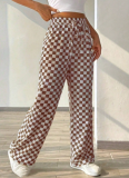 Plaid Print Pocket Straight Wide Leg Pants Women's