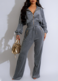 Fashionable Long-sleeved Lapel Zipper Cardigan and Trousers Two-piece Set