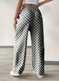 Plaid Print Pocket Straight Wide Leg Pants Women's