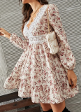 V-Neck Floral Long-Sleeved Waist-Hugging Lace Dress