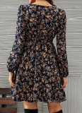 V-Neck Floral Long-Sleeved Waist-Hugging Lace Dress