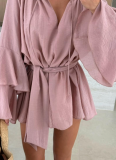Autumn Solid Color V-Neck Irregular Tie With Long Sleeve Loose Dress