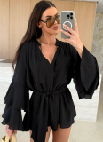 Autumn Solid Color V-Neck Irregular Tie With Long Sleeve Loose Dress