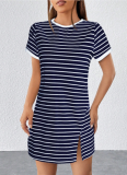 Summer Casual Striped Contrast Color Slit Short Sleeve Dress