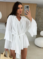 Autumn Solid Color V-Neck Irregular Tie With Long Sleeve Loose Dress