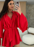 Autumn Solid Color V-Neck Irregular Tie With Long Sleeve Loose Dress