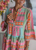 New Printed Stand Collar Three-quarter Sleeve Dress
