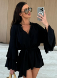 Autumn Solid Color V-Neck Irregular Tie With Long Sleeve Loose Dress