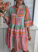 New Printed Stand Collar Three-quarter Sleeve Dress