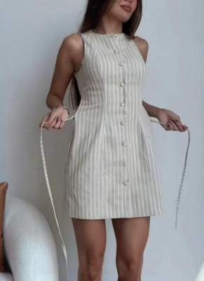 Solid Color Button-Down Waist-Cinching Fashionable Dress