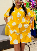 Casual Polka Dot Print Buckle Slit Turndown Collar Half Sleeve Two Pieces