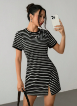Summer Casual Striped Contrast Color Slit Short Sleeve Dress