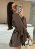 Autumn Solid Color V-Neck Irregular Tie With Long Sleeve Loose Dress
