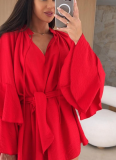 Autumn Solid Color V-Neck Irregular Tie With Long Sleeve Loose Dress