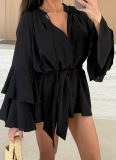 Autumn Solid Color V-Neck Irregular Tie With Long Sleeve Loose Dress