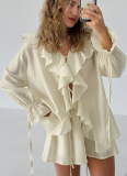 Fashionable and Casual Design Ruffled Lace-up Cardigan Top and Shorts Set