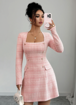 Pink Simple Fashion Plaid Long Sleeve Dress