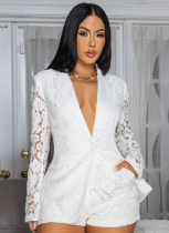 Fashionable Casual Elegant Lace V-Neck See-Through Shorts Suit