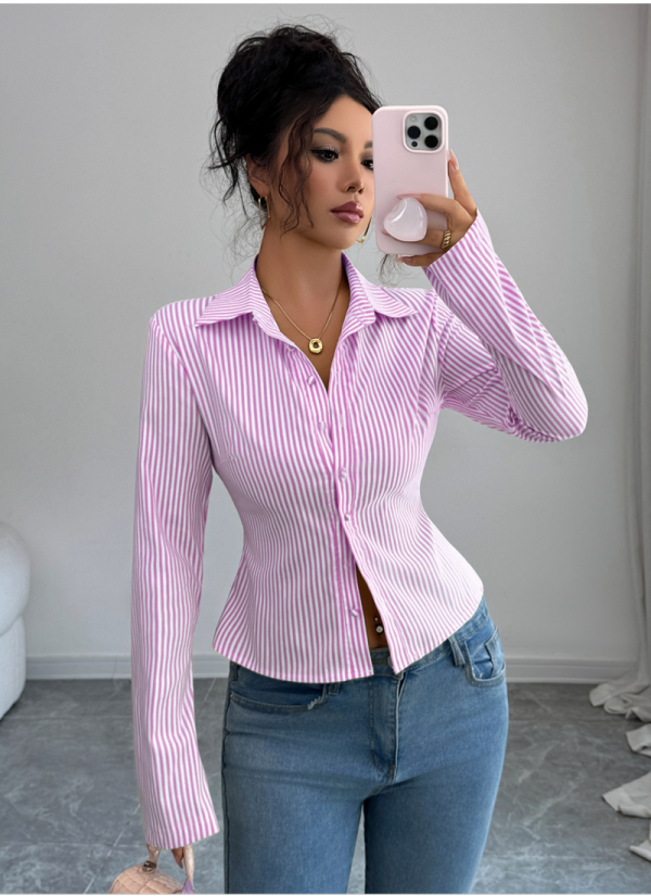 Casual Simple Striped Long Sleeve Button Top Shirt