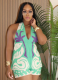 Printed Backless Strappy Sleeveless Top And Shorts Two-Piece Set