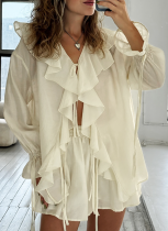 Fashionable and Casual Design Ruffled Lace-up Cardigan Top and Shorts Set