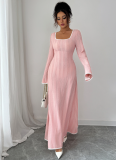 Pink Square Neck Slim Fit Simple Long Sleeve Dress