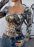 Fashionable Spice Girl Print Leopard Long Sleeve Vest T-shirt