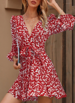 New Summer Floral Lace-Up Bubble Long-Sleeved High-Waisted Mini Skirt