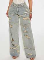 Ripped Washed Fashionable Distressed Wide-Leg Jeans