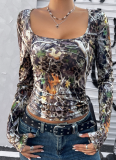 Fashionable Spice Girl Print Leopard Long Sleeve Vest T-shirt