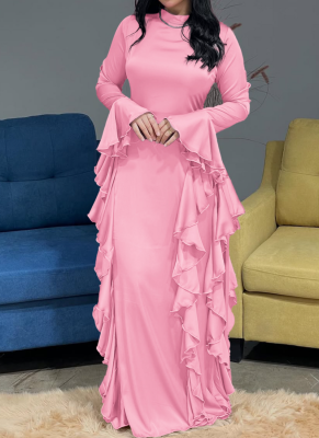 Elegant High-waist Solid Color Design Flared Sleeve Dress