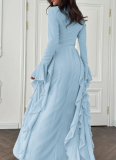 Elegant High-waist Solid Color Design Flared Sleeve Dress