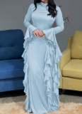 Elegant High-waist Solid Color Design Flared Sleeve Dress