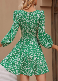 New Summer Floral Lace-Up Bubble Long-Sleeved High-Waisted Mini Skirt